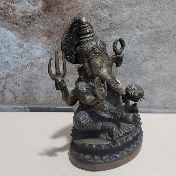Vintage Metal Brass Seated Ganapati Ganesh Elephant Buddha Statue Sculpture - Picture 8 of 12